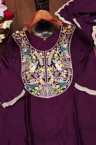 Wine designer chinon sequins embroidered work readymade suit