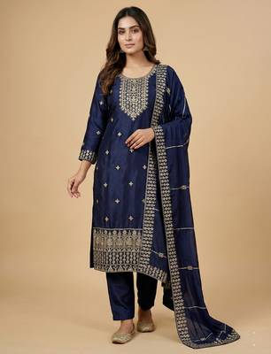 Navy blue designer chinon sequins embroidered work readymade suit 1
