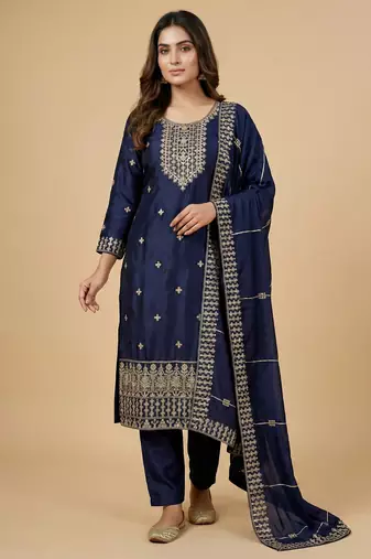 Navy blue designer chinon sequins embroidered work readymade suit