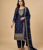 Navy blue designer chinon sequins embroidered work readymade suit