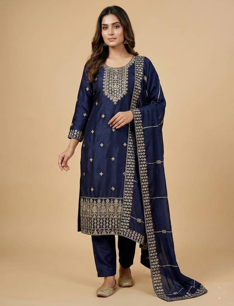 Navy blue designer chinon sequins embroidered work readymade suit