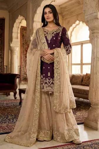 Wine designer heavy gmy silk sequins embroidered work readymade suit