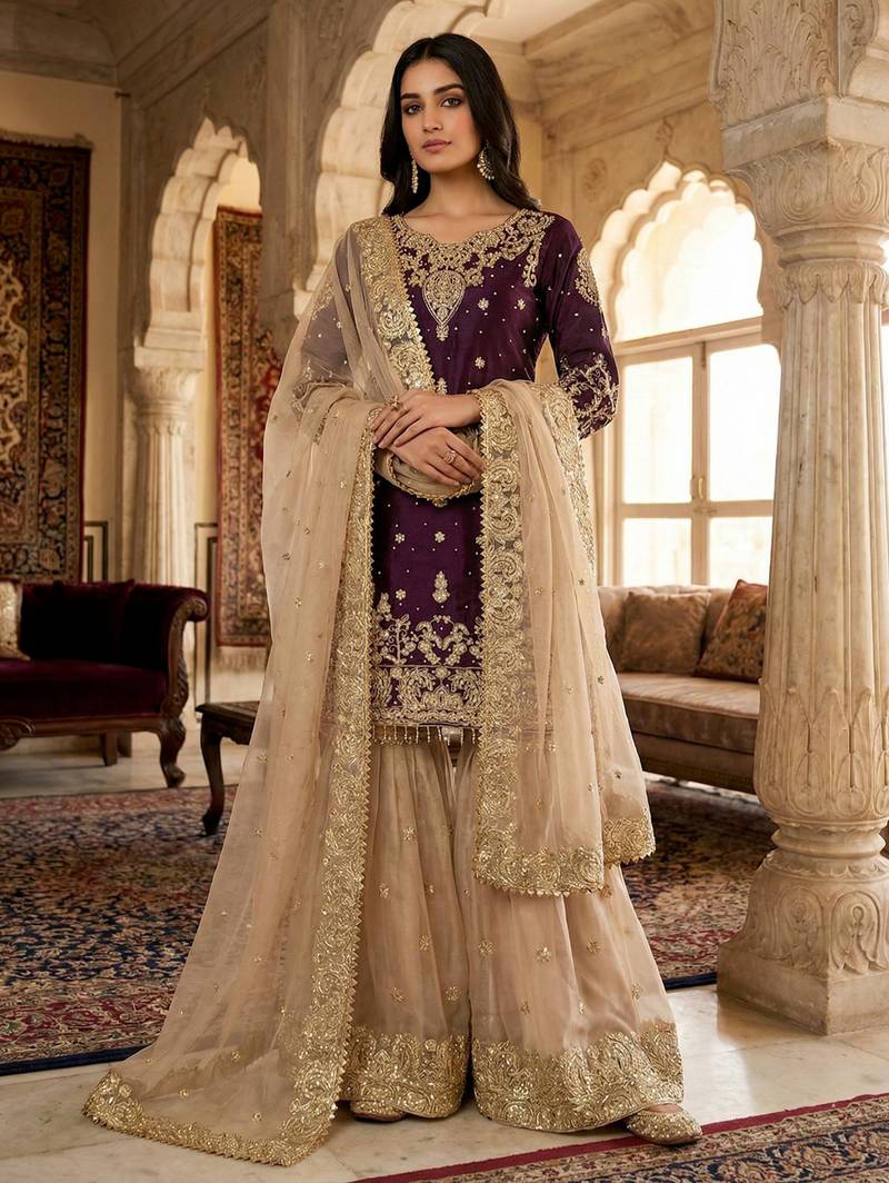 Wine designer heavy gmy silk sequins embroidered work readymade suit