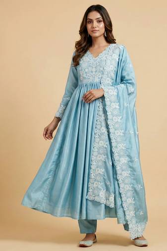 Sky blue designer chinon embroidered work readymade suit
