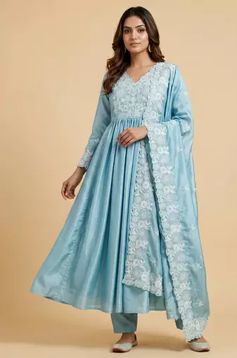 Sky blue designer chinon embroidered work readymade suit