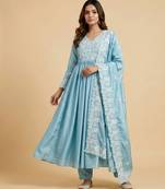 Sky blue designer chinon embroidered work readymade suit