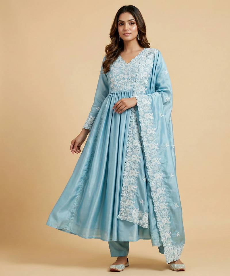 Sky blue designer chinon embroidered work readymade suit