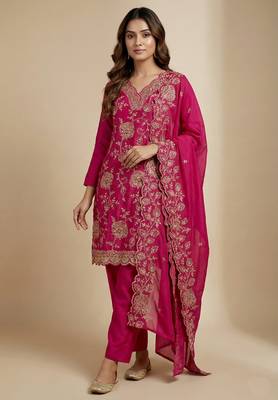 Pink designer chinon sequins embroidered work readymade suit 1