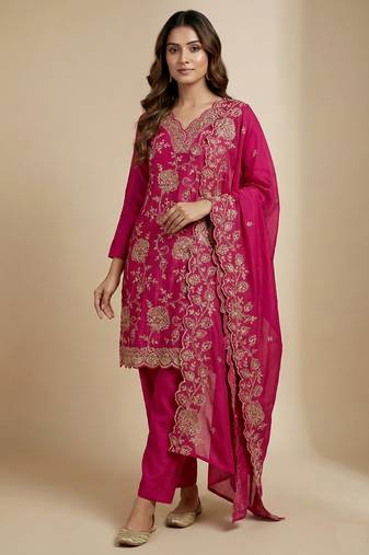 Pink designer chinon sequins embroidered work readymade suit