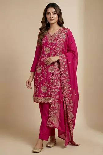 Pink designer chinon sequins embroidered work readymade suit