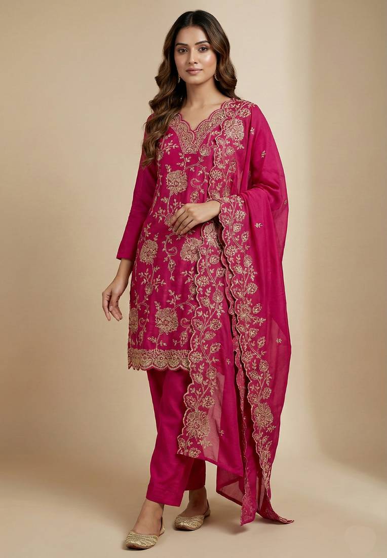 Pink designer chinon sequins embroidered work readymade suit
