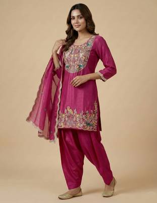 Rani pink designer chinon sequins embroidered work readymade suit 2