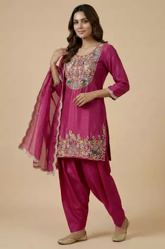Rani pink designer chinon sequins embroidered work readymade suit