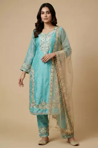Sky blue designer pure jimmy choo silk sequins embroidered work readymade suit
