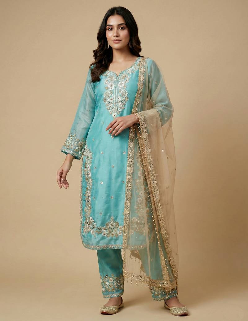 Sky blue designer pure jimmy choo silk sequins embroidered work readymade suit