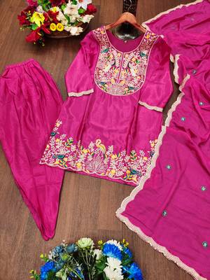 Rani pink designer chinon sequins embroidered work readymade suit 3