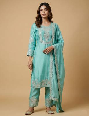 Sky blue designer chinon sequins embroidered work readymade suit 1