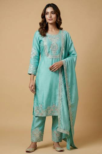 Sky blue designer chinon sequins embroidered work readymade suit
