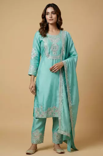 Sky blue designer chinon sequins embroidered work readymade suit