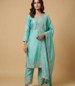 Sky blue designer chinon sequins embroidered work readymade suit