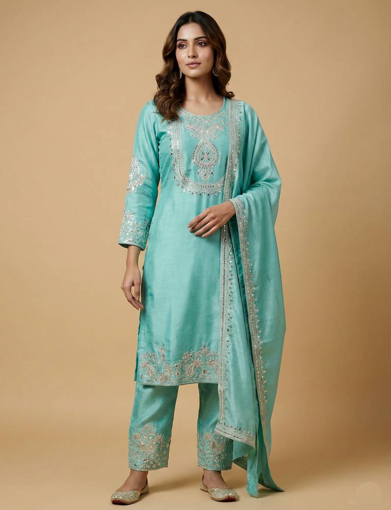 Sky blue designer chinon sequins embroidered work readymade suit