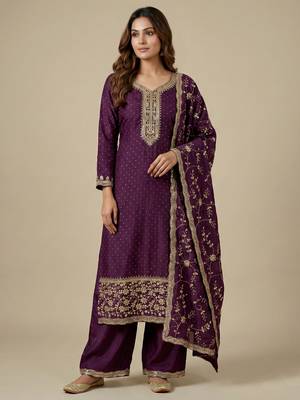 Wine designer chinon sequins embroidered work readymade suit 1