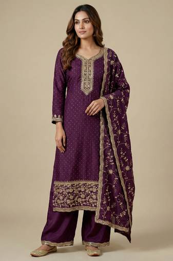 Wine designer chinon sequins embroidered work readymade suit