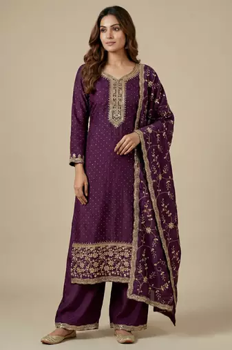 Wine designer chinon sequins embroidered work readymade suit