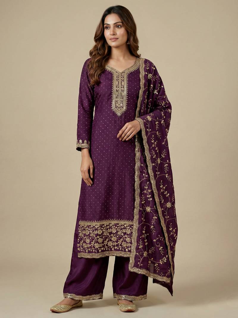 Wine designer chinon sequins embroidered work readymade suit