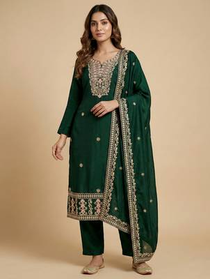 Green designer chinon sequins embroidered work readymade suit 1