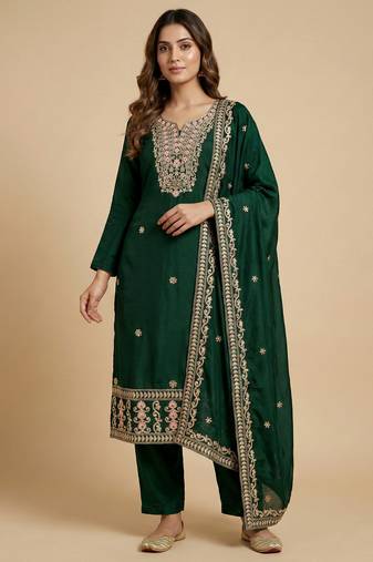 Green designer chinon sequins embroidered work readymade suit