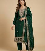 Green designer chinon sequins embroidered work readymade suit