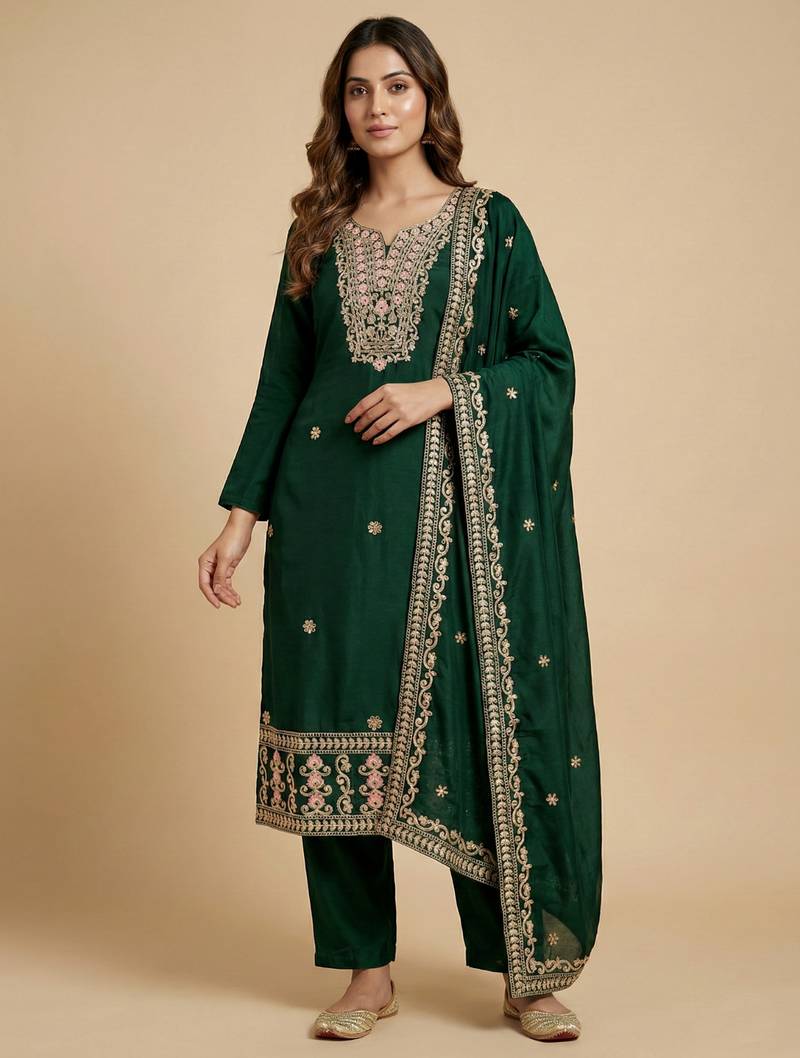 Green designer chinon sequins embroidered work readymade suit