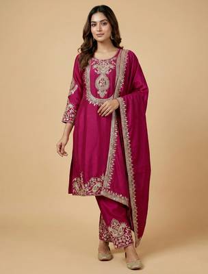 Pink designer chinon sequins embroidered work readymade suit 1