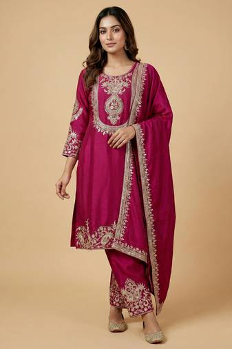 Pink designer chinon sequins embroidered work readymade suit