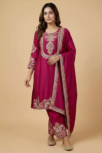 Pink designer chinon sequins embroidered work readymade suit