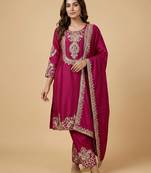 Pink designer chinon sequins embroidered work readymade suit