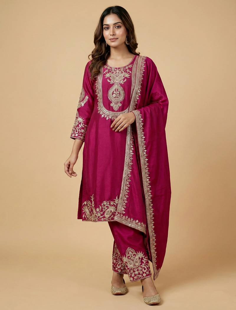 Pink designer chinon sequins embroidered work readymade suit