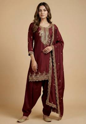 Maroon designer chinon sequins embroidered work readymade suit 1