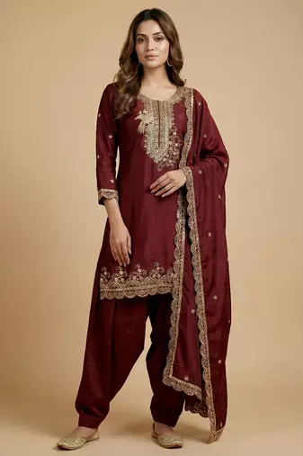 Maroon designer chinon sequins embroidered work readymade suit