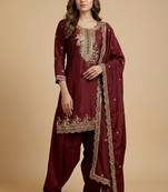 Maroon designer chinon sequins embroidered work readymade suit