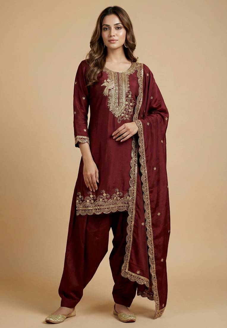 Maroon designer chinon sequins embroidered work readymade suit