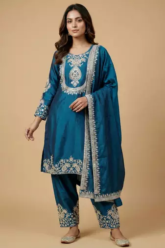 Teal designer chinon sequins embroidered work readymade suit