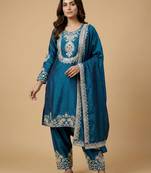Teal designer chinon sequins embroidered work readymade suit