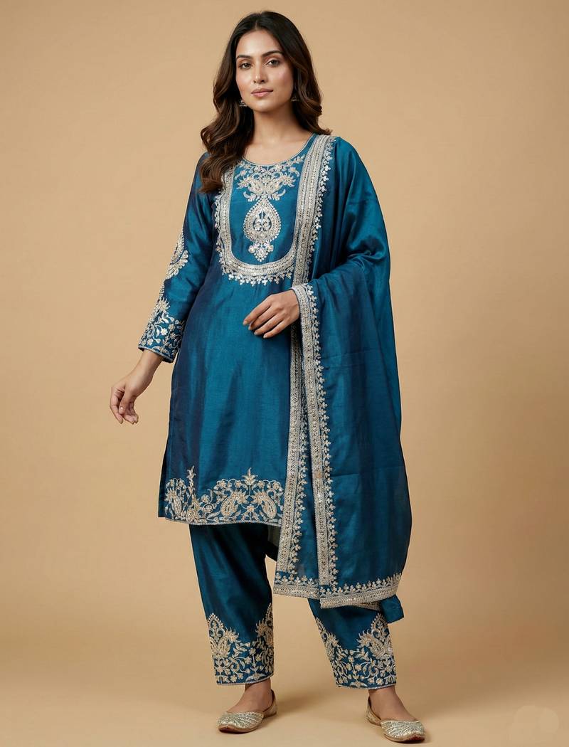 Teal designer chinon sequins embroidered work readymade suit