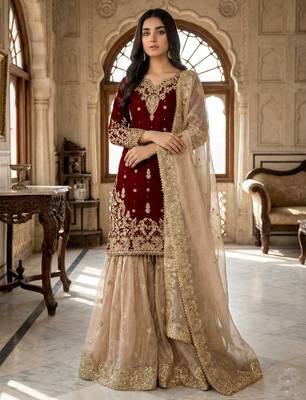 Maroon designer heavy gmy silk sequins embroidered work readymade suit 1