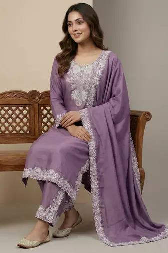 Lavender designer natural crepe sequins embroidered work readymade suit