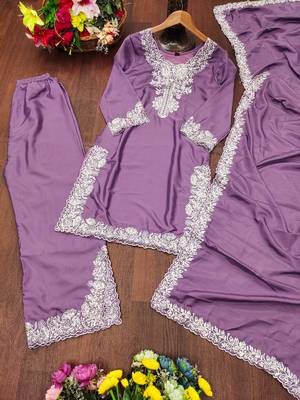 Lavender designer natural crepe sequins embroidered work readymade suit 3