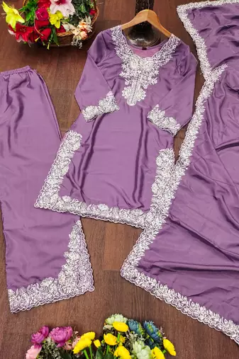 Lavender designer natural crepe sequins embroidered work readymade suit