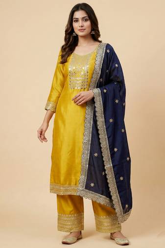 Yellow designer chinon sequins embroidered work readymade suit